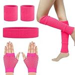 ZOCONE Leg Warmers Neon 80s Fishnet Gloves Headband Wristbands Set, 80s Women Fancy Dress Costume Accessories, Pink Leg Warmers Knit Neon Retro 1980s Theme Party Costumes