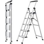 XinSunho Step Ladder 5 Step, Aluminum Folding Step Stool with Retractable Handgrip & Removable Tool Tray, Lightweight Stepladders for High Closet, 330LBS Household 5 Step Ladder - Silver