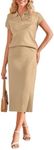 Arach&Cloz Summer Short Sleeve Skirt Sets Women 2 Piece Outfits 2025 Fashion Polo Shirts Midi Skirt Matching Sets Vacation Outfits Resort Wear Casual Elegant Khaki XXL