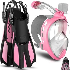 Odoland Snorkeling Packages for Adults & Youth, Full Face Snorkel Mask with Camera Mount, Adjustable Swim Fins, Mesh Bag, Anti-Fog Anti-Leak Scuba Diving Gear for Men & Women,Pink/Clear S