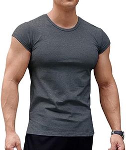 Men Athletic T Shirts Tees Short Sleeve Muscle Cut for Bodybuilding Workout Training Fitness Tops Crew Neck Cotton, Dark Grey, L