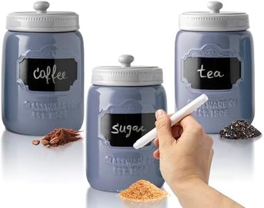 Mason Jar Ceramic Canister Set for Kitchen - Set of 3 Decorative Storage Containers with Air-Tight Lids for Coffee, Sugar & More - Country Style Storage w/Reusable Writable Surface - 12.85oz/Canister