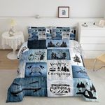 Happy Camping Comforter Set,Lake Boat Pine Tree Pattern Bedding Set 3Pcs,Vintage Rustic Farmhouse Quilt Set Black Blue Old Wood Patchwork Grid Duvet Insert Kids Boys Girls Adult King Size