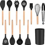 YFXOHAR Non Stick Silicone Spatula Set for Cooking with Wooden Handle | Spoon Spatula Cooking Set with Holder | BPA Free, Heat Resistant Silicon Cookware Tools | Kitchen Utensils Set (12 Pcs., Black)