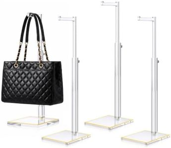 Perposnow Acrylic Purse Display Stand 4 Pack with Luxury Gold Trim Adjustable Height Handbag Holder 12.2 to 22.4 Inches Clear Wallet Rack with Thickened Anti Slip Base for Bags Necklaces Accessories