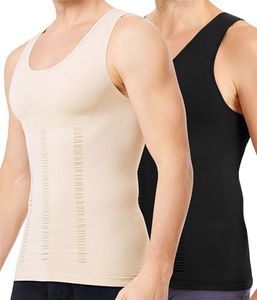 TAILONG Compression Shirt for Men Body Shaper Vest Sleeveless Slimming Undershirt Tummy Control Shapewear Tank Top, Black/Beige(2 Pack), Medium