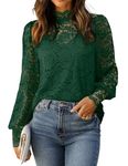 Hotouch Blouses for Women Dressy Casual Mock Neck Long Sleeve Double Layer Crochet Lace Tops with Camisole Dark Green S