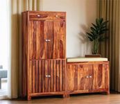 DR FURNITURE Wooden Shoe Rack with Seat | Shoe Cabinet with Seating Closed Door for Home | Sheesham Wood with Drawer Storage Organiser | Honey Finish | 53x14x52 Inch