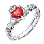 925 Sterling Silver Irish Claddagh Heart Promise Ring, Created Red Ruby July Birthstone Delicate Thin Adjustable Engagement Wedding Ring for Her Women Ladies