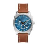 FOSSIL Machine Watch for Men, Chronograph movement with Stainless steel or Leather strap, Brown and Blue, 42 mm