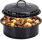 GOURMEX 7lb Round Black Ceramic Enamel Coated Roasting Pan | Dutch Oven Pot with Lid | Dishwasher Safe, Oven Safe, Freezer Safe | Ideal for Chicken, Turkey Roasting Pan