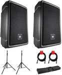 JBL IRX108BT Compact Powered 8" Portable Speaker, Bluetooth (Pair) Bundle with 2x Speaker Stand, 2x XLR Cable & Stand Bag