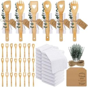 Rtteri 24 Wedding Bridal Shower Party Favors Baby Shower Game Prizes Kitchen Utensils Set Bamboo Cooking Heart Hollow Spoons Artificial Eucalyptus Stems Waffle Towel and Thank You Tags for Guests