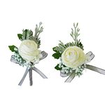 Fiwisora White Artificial Ranunculus Flowers Wrist Corsage & Boutonniere Wedding Bridal Bridesmaid Wristband Groom Bridegroom Lapel Flower for Wedding Prom Party Homecoming White Corsage Pack