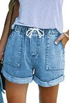 GOLDPKF Ladies Shorts Denim Shorts for Women Linen Cotton High Waist Jeans Shorts Women Summer Drawstring Cargo Hot Pants Sky Blue UK Medium