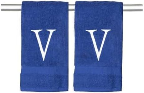 Navy Initial Hand Towel for Bathroom - Monogrammed Luxury Hotel Quality Decorative Embroidered Towel for Powder Room, Spa - GOTS Organic Certified - Set of 2 Letter V