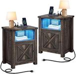 YITAHOME Farmhouse Nightstand with Charging Station & LED Lights, Nightstands Set of 2 Small Bedside Tables Set of 2, Side Tables Bedroom, Rustic Wood Night Stand, Brown Oak