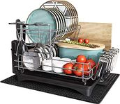 MAJALIS Dish Drying Rack with Drainboard, 2 Tier Large Dish Racks with Swivel Spout, Stainless Steel Dish Drainer for Kitchen Counter with Wine Glass Holder and Extra Drying Mat (Grey)