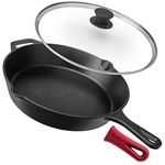 Cast Iron Skillet with Lid - 12"-Inch Frying Pan + Glass Lid + Heat-Resistant Handle Cover - Pre-Seasoned Oven Safe Cookware - Indoor/Outdoor Use - Grill, BBQ, Camping Fire, Stovetop, Induction Safe