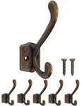 Fuxxer® Solid Iron Hooks, Coat Hooks, Towel Hooks, Set of 5, Antique Brass Bronze Design