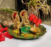 Aluminium Golden Color Plated Laxmi Ganesha Idol with Platter Plate for Puja Diwali Gift Items Deepawali Decorations Indian Dhanteras Pooja Statue Thali(Multi)