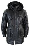 TruClothing Mens 3/4 Long Real Leather Duffle Jacket Coat Safari Detachable Hood Classic Black