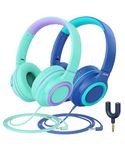 iClever 2 Pack Kids headphones for Girls Boys 85dBA Safe Volume Limited - Wired Headphones with Sharing Splitter, Tangle-Free Foldable Stereo Headphones for School/Tablet/Travel