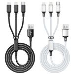 Multi Charging Cable 2 Packs, 3A 3 in 1 Charging Cord,1.25M Nylon Braided Multiple USB Cable with iP Micro USB Type C Port for iPhone,Samsung,PS4, Tablet, Xiaomi and More（Black+Sliver）