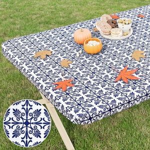 misaya Rectangle Vinyl Table Cloth, Elastic Fitted Flannel Backed Tablecloth, 100% Waterproof Plastic Table Cover Fits 5 Foot Folding Tables for Picnic, Camping, Outdoor (Navy Blue, 30" x 60")