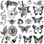 Tazimi 8 Sheets Large Black Tattoos for Women Girls Butterfly Snake Bee Swallow Flowers Scorpion Fake Tattoos Realistic Adult Classic Tattoos