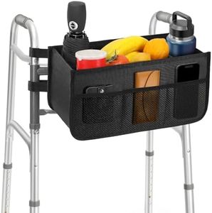 H-Brotaco Walker Basket for Folding Walker - Large Capacity Storage Bag with Multiple Pockets & Water Cup Holder | Easy Installation, Hands-Free, Anti-Tip Design