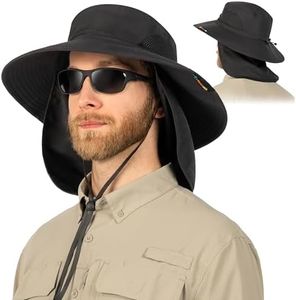 SUN CUBE Fishing Hat Sun Hat for Men, Women, Hiking Sun Hat with Neck Flap, Wide Brim, Chin Strap, Safari Summer Bucket Boonie Hat, UPF 50+ Outdoor Protection, Packable Breathable Mesh (Black)