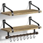 Love-KANKEI Kitchen Shelves 2-tier Floating Wall Shelves for Kitchen, Rustic Wood Organizer with Wood Rail and 8 Removable Hooks for Organize Cooking Utensils, Multi Use as Spice Rack