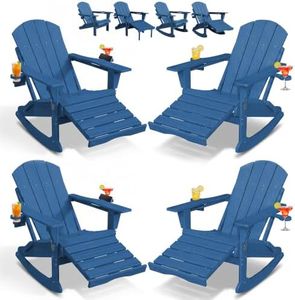 PLUUV Folding Adjustable Adirondack Rocking Chair Set of 4 with Retractable Ottoman and Cup Holders, Outdoor HDPE Adirondack Rocker Patio Chair, Wood-Like Reclining Adirondack Chair, Navy