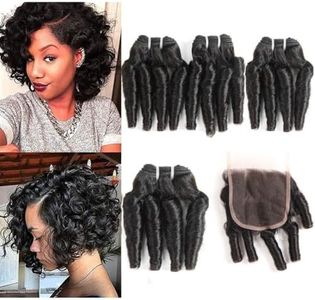 Molefi Brazilian Funmi Hair Curly Weave 4 Bundles with Lace Closure Spiral Curl Hair Bundles with 4x4 Closure 100% Human Hair Extensions 50g/pc Natural Black (8 8 8 8 +8)