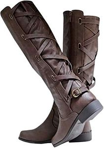 Womens Lace Up Knee High Boots Motorcycle Riding Flat Low Heels Strappy Winter Boots Dark Brown