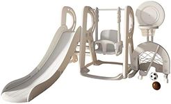 5-in-1 Kids Slide and Swing Set with Adjustable Hoop, Soccer Goal, Golf Hole for Indoor, Outdoor (White) Intexca