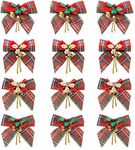 YBB 12 Pack Christmas Red Green Plaid Tree Bows, Linen Bowknot Wreath Bow with Jingle Bells for Christmas Garland Tree, Crafts, Wrapping, Wreath Xmas Hanging Ornaments Decor