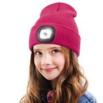 YunTuo LED Beanie Hat with Light for Kids, Unisex USB Rechargeable Hands Free 4 LED Headlamp Cap Winter Knitted Night Lighted Hat Flashlight Boys Girls Gifts (Rose Red)