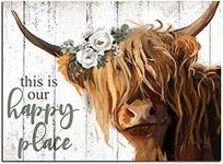 YPY Highland Cow Wall Art - This is Our Happy Place Inspirational Canvas Poster for Home - Long Haired Scottish Cow with White Flower Picture Farmhouse Kitchen Decor Framed (24"x36")