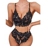 Sexy Lingerie for Women Sets Lace Mesh Suspenders Babydoll Underwear Transparent Tulle Bra with Bow High Waist Crotchless Knickers Pyjamas Outfits for Ladies Carnival Valentines Day (Black, S)