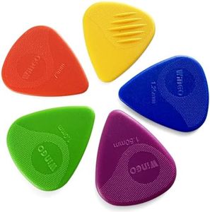 WINGO Guitar Picks with Grip Stamped, Non Slip Picks 5 Pack (073, 088, 1.0, 1.25, 1.5mm) for Acoustic Electric Guitar Bass -Colorful