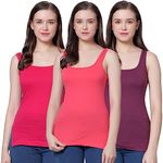 Aimly Women's Regular Fit Sleeveless Cotton Long Camisole Slip Spaghetti Combo Wine Dark Pink Carrot L Combo Pack of 3