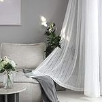 Home Brilliant Semi Sheer Curtains Panel White Striped Voile Window Curtains for Living Room Nursery, Rod Pocket, Set of 2, 54" x 63 inch Drop