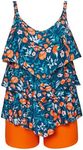 Hanna Nikole Women's Tankini Bathing Suits Plus Size Two-Piece Tummy Control Swim Dress High Waist Padded Swimsuits Orange Flowers 20W