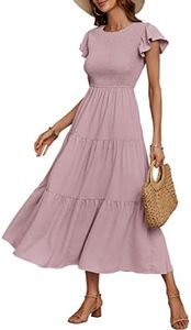 ECOWISH Womens Dresses Wedding Guest Cocktail Midi Ruffle Cap Sleeves Summer A-Line Casual Smocked Maxi Dress 297 Pink X-Large