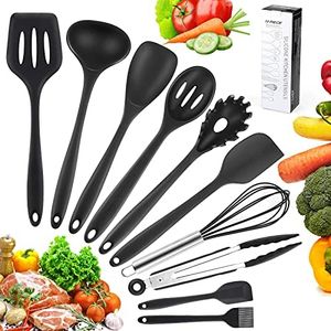 Hippodance Set di Utensili da Cucina in Silicone, Resistente al Calore Antiaderenti Utensili da Cucina Set 10 Pezzi, Antiaderente Strumento di Cottura Termoresistenti Professionali, Nero