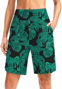 Viodia Women's 9" High Waisted Swim Board Shorts with Pockets UPF 50+ Lightweight Beach Swimsuits Short for Women with Liner, Leaf, Medium