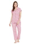 Clovia Women's Cotton Floral Printed Button Down Shirt & Pyjama Set (LS0264D14_Pink_XXL)