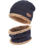 FZ FANTASTIC ZONE Mens Womens Winter Beanie Hat Scarf Set Warm Knit Hats Fleece Lined Winter Cap Neck Warmer for Men Women Navy Blue